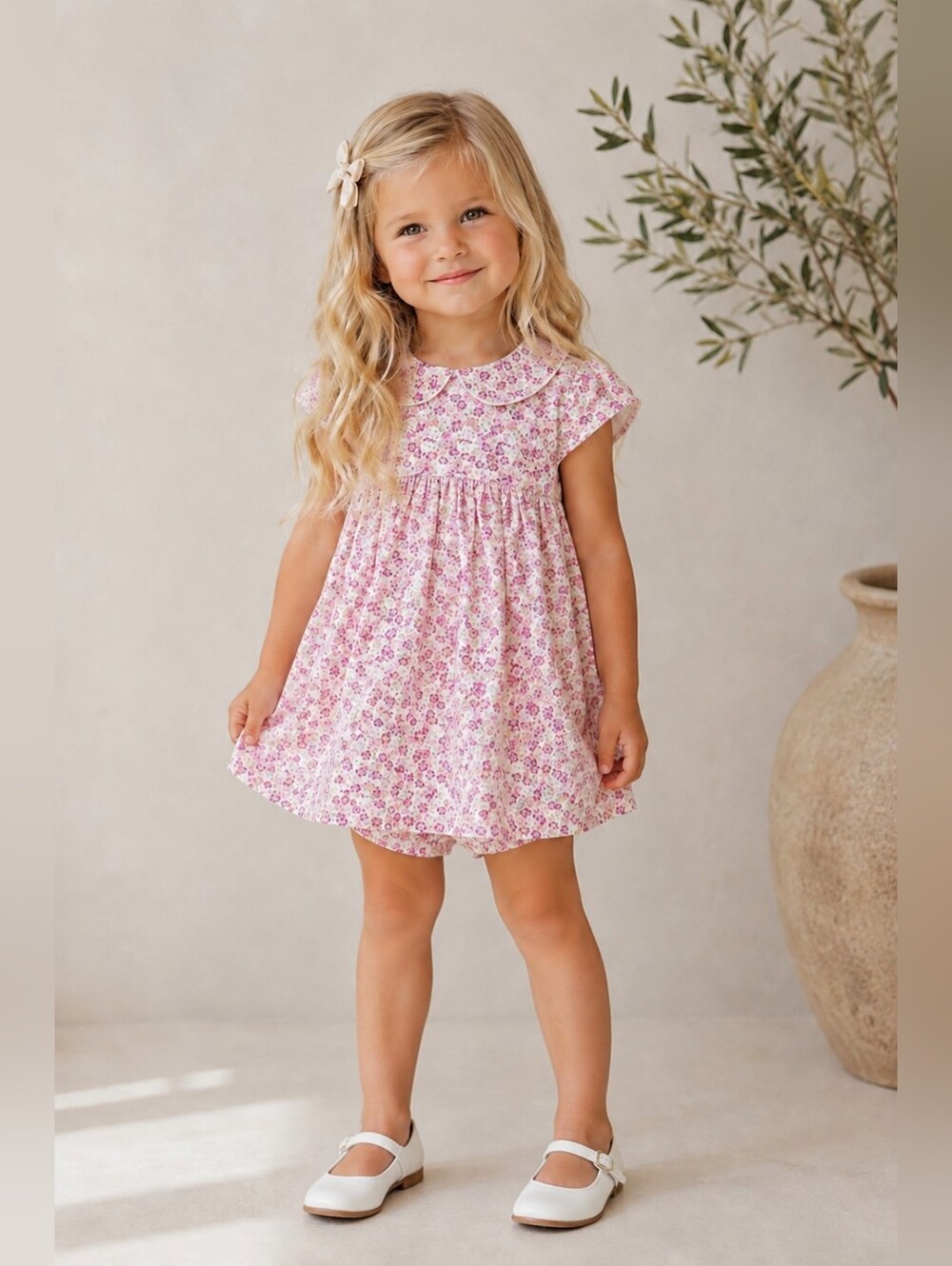 The Oaks Apparel Girls Pink Floral Peter Pan Collar Dress + Bloomers Size 4 NWOT